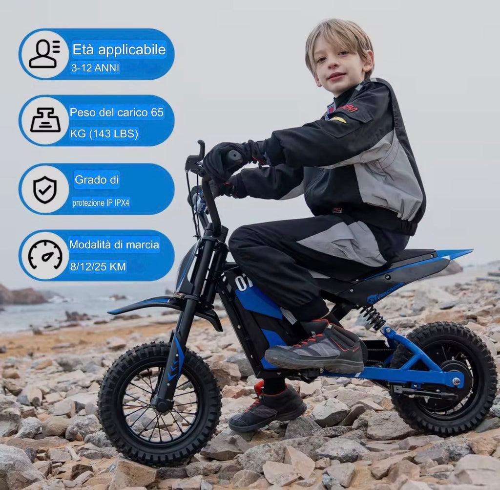 Moto Elettrica gioco Per Bambini 3-13 Anni 300w Minicross/Minimoto velocità 25km/h, Autonomia 15km, pneumatici da 12”