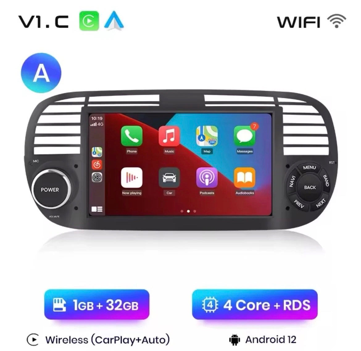 AWESAFE Wireless CarPlay Android AutoRadio FIAT 500 (2007-2015) Colore bianco o nero