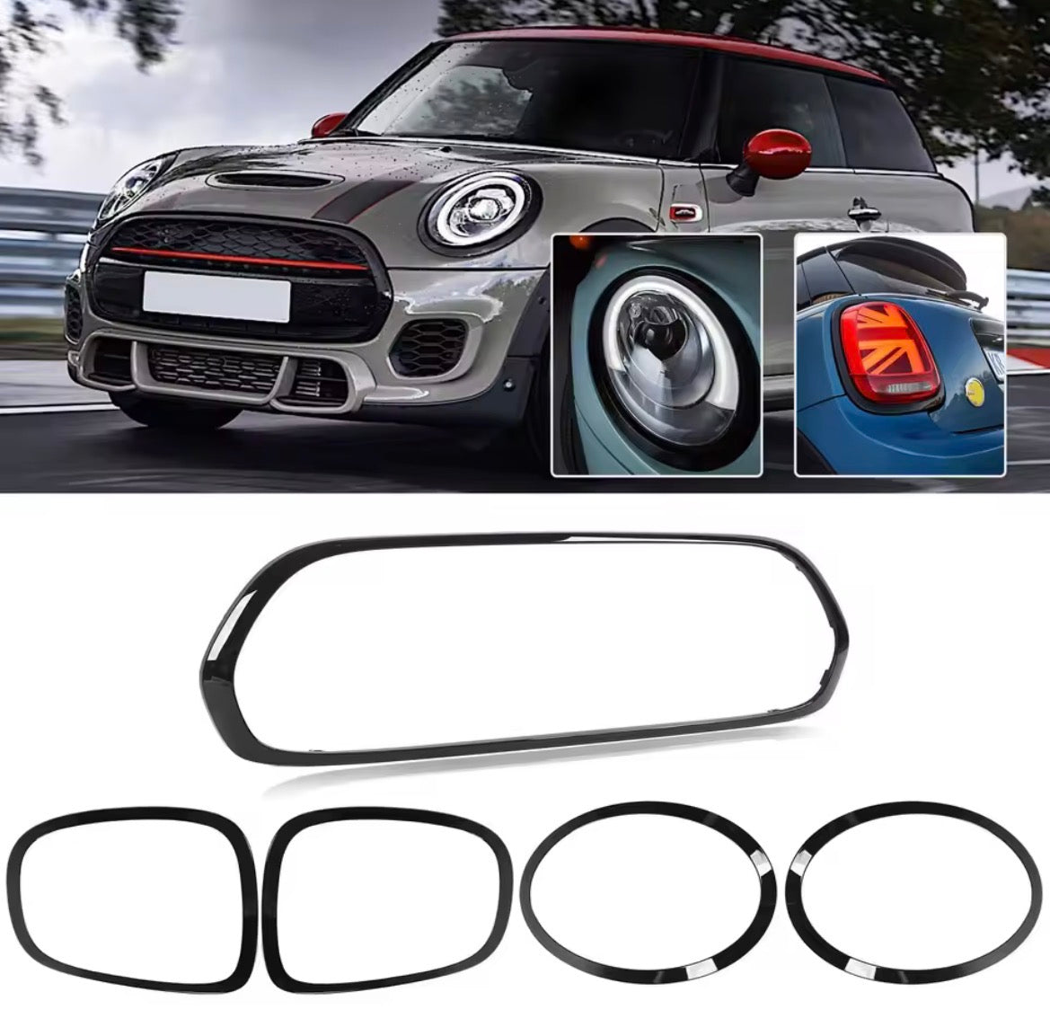 5pz Kit Total Black "Midnight Edition" per MINI F55 F56 F57 | Cornici Fari, Fanali e Griglia Glossy Black