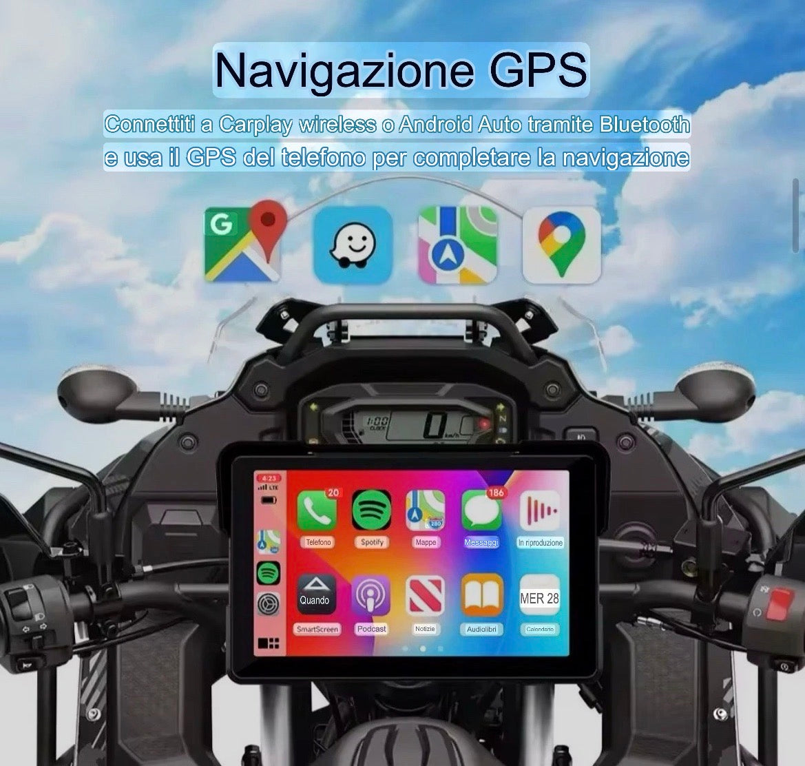 navigatore per moto 7”  Wireless GPS Touchscreen Carplay Android Auto Universale