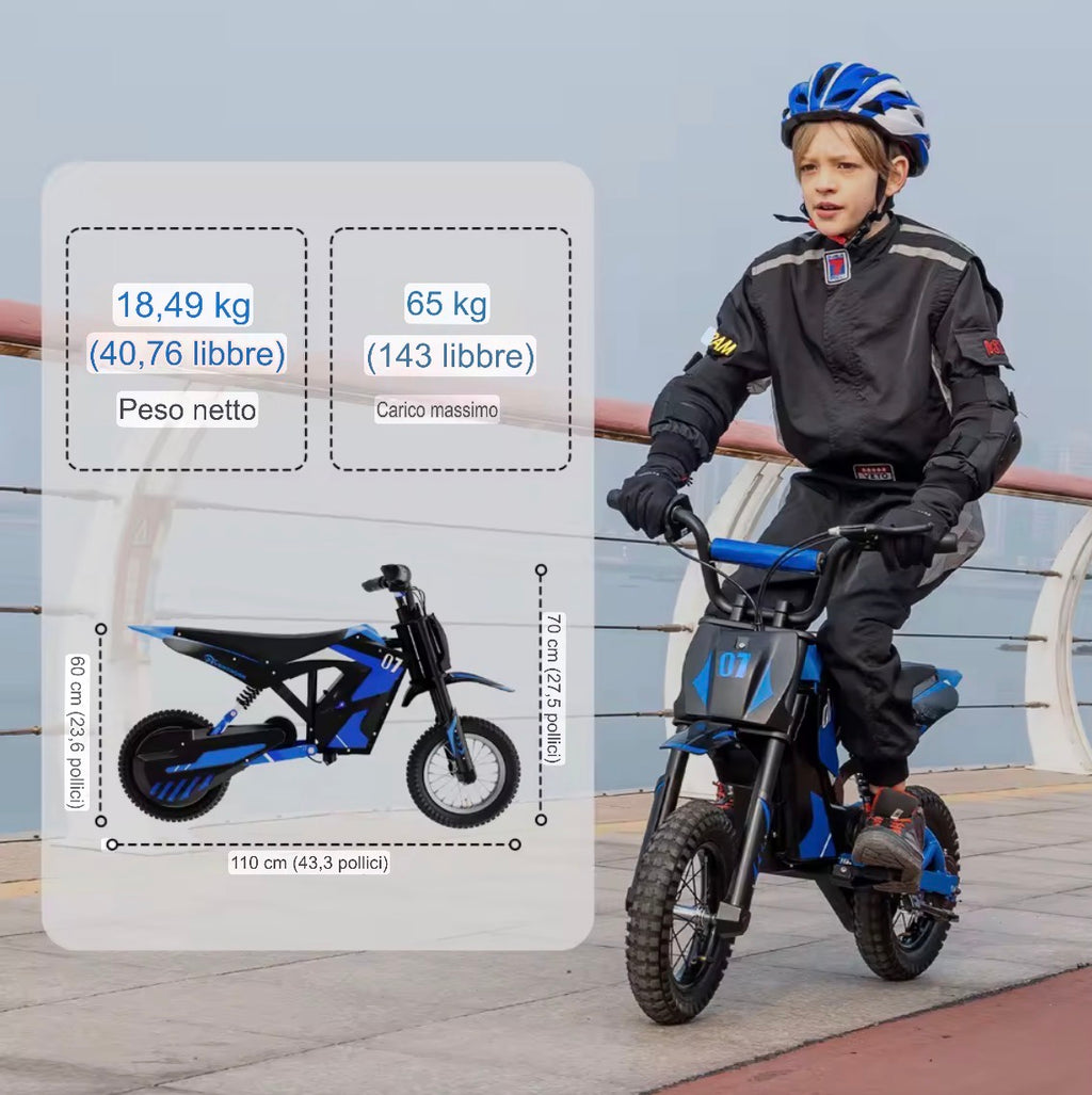 Moto Elettrica gioco Per Bambini 3-13 Anni 300w Minicross/Minimoto velocità 25km/h, Autonomia 15km, pneumatici da 12”