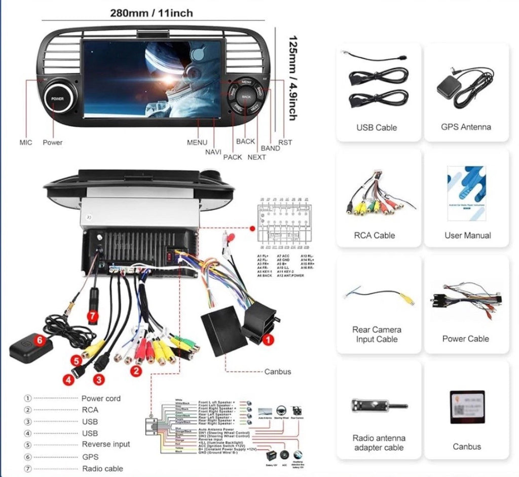 AWESAFE Wireless CarPlay Android AutoRadio FIAT 500 (2007-2015) Colore bianco o nero