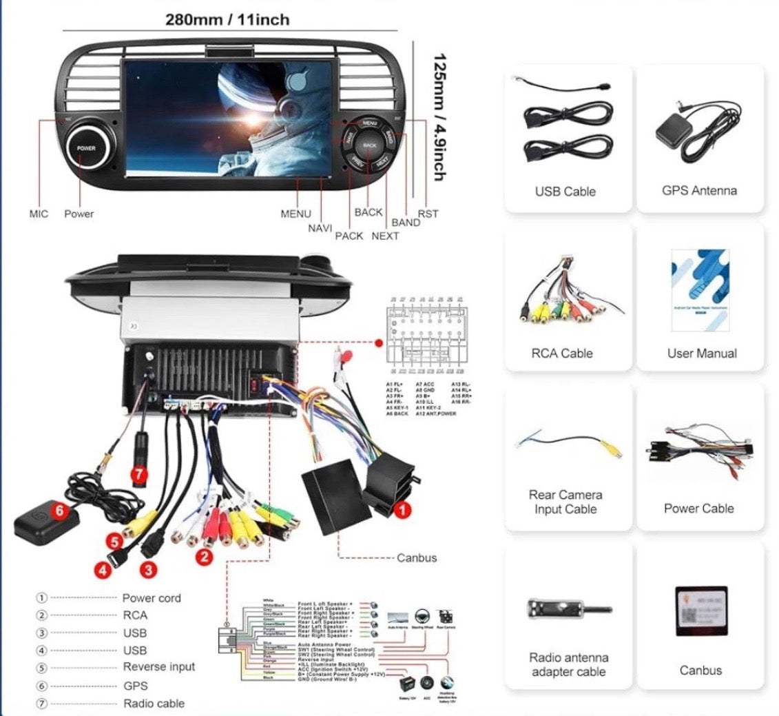 AWESAFE Wireless CarPlay Android AutoRadio FIAT 500 (2007-2015) Colore bianco o nero