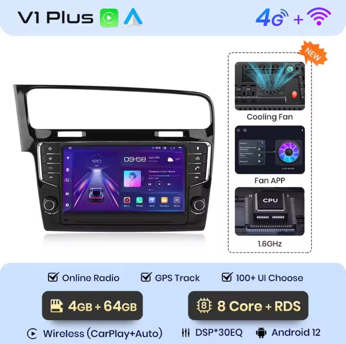 Autoradio android Volkswagen Golf 7 Mk7 (2013-2017) wireless carplay android auto, nero lucido